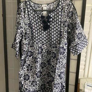 Tommy Bahama Navy and White Printed Midi Dress Cover-Up with Tassel Detail
